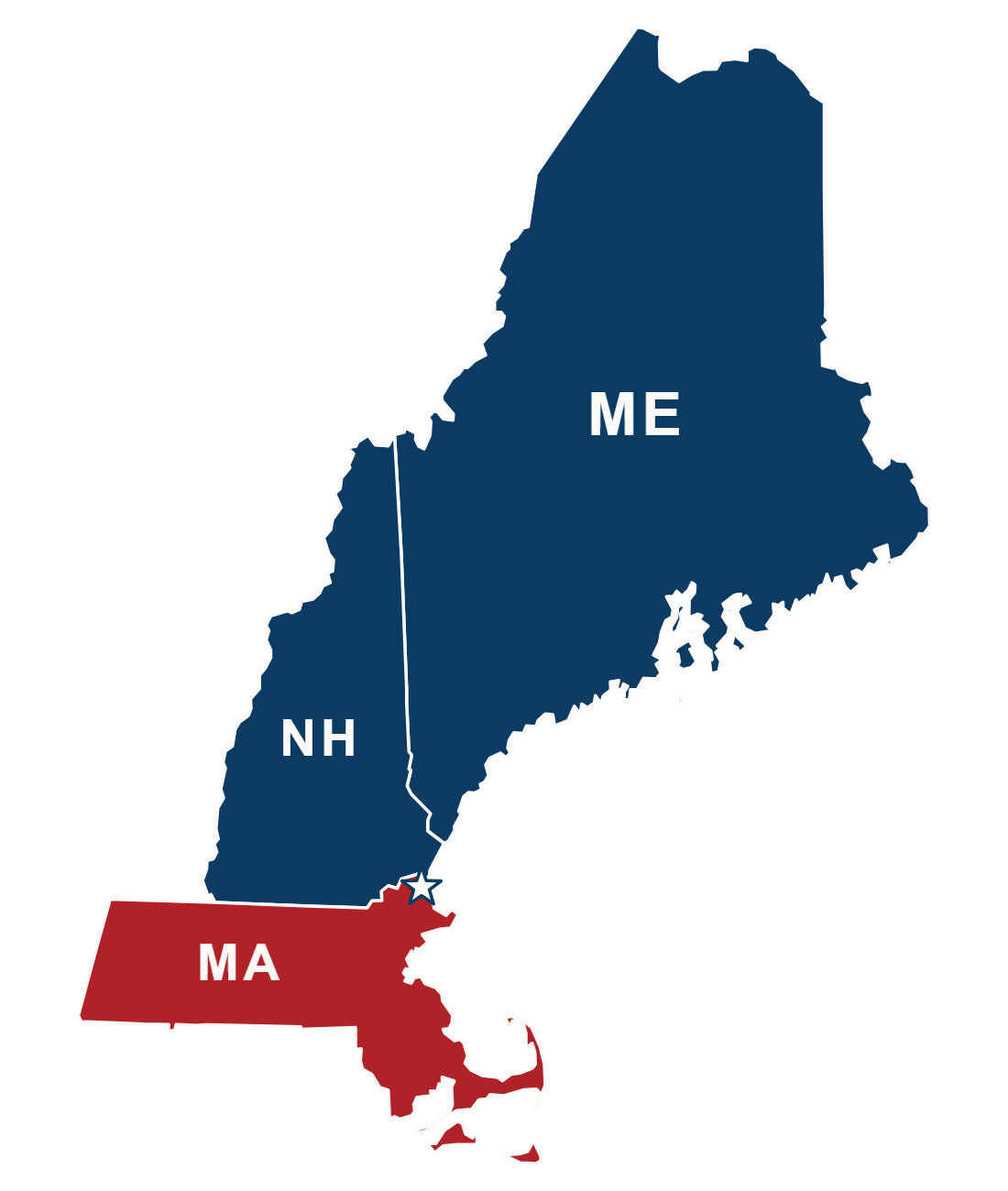 Map of Massachusetts, New Hampshire, and Maine with O’Leary Temperature Controls headquarters marked in Newburyport, MA
